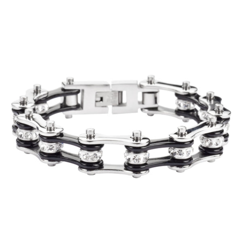 Black Silver gemstone bike chain bracelet